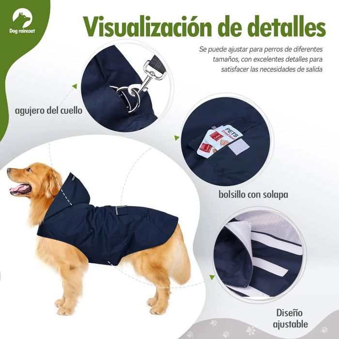 Impermeável para cães médios e grandes com capuz e gola, tiras refletoras de segurança, tecido ultraleve, respirável - PetDoctors - Loja Online