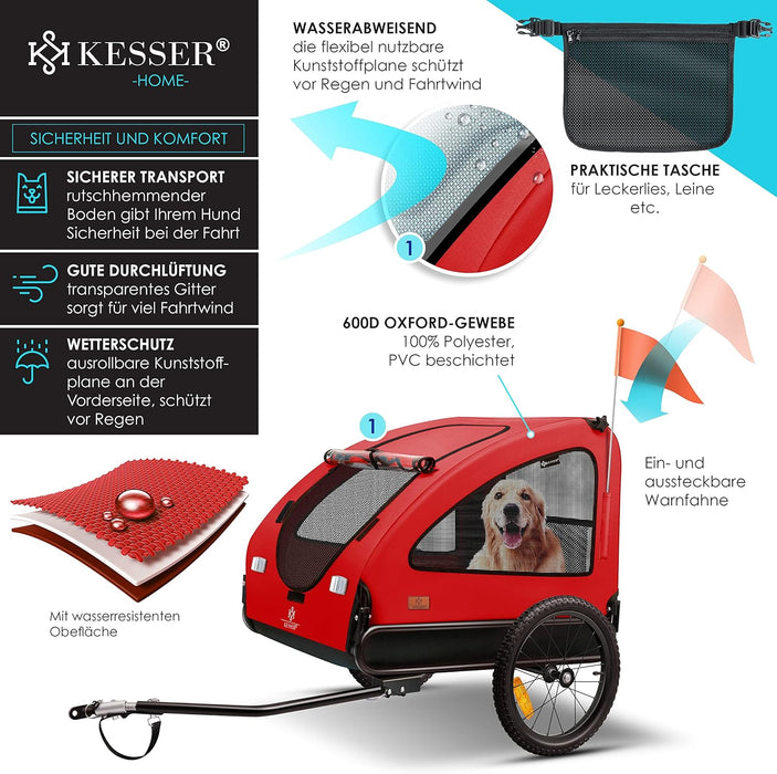 KESSER® reboque para bicicleta 2 em 1, para cães, grande aprox. 250 l de volume. Incl. Bandeira e saco, lona Oxford 600D, carga máxima: 45 kg - PetDoctors - Loja Online