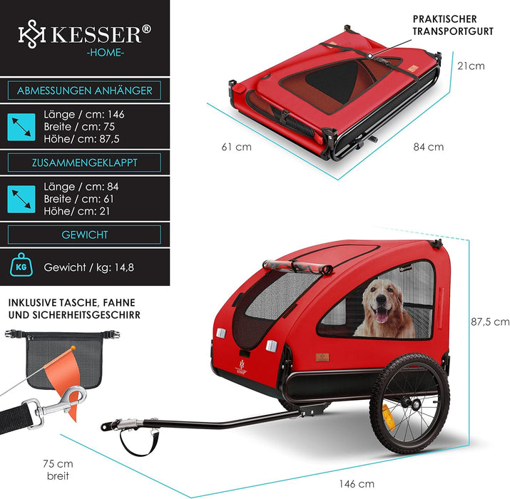 KESSER® reboque para bicicleta 2 em 1, para cães, grande aprox. 250 l de volume. Incl. Bandeira e saco, lona Oxford 600D, carga máxima: 45 kg - PetDoctors - Loja Online