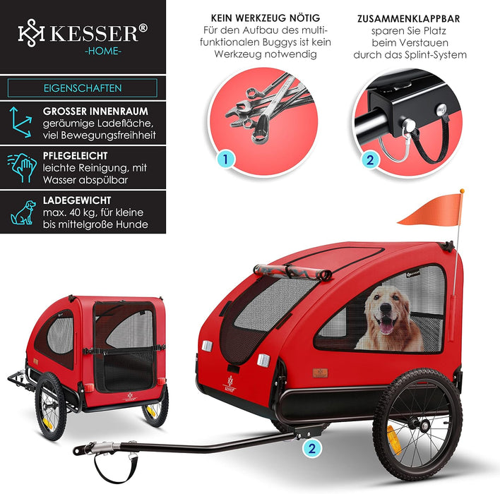 KESSER® reboque para bicicleta 2 em 1, para cães, grande aprox. 250 l de volume. Incl. Bandeira e saco, lona Oxford 600D, carga máxima: 45 kg - PetDoctors - Loja Online