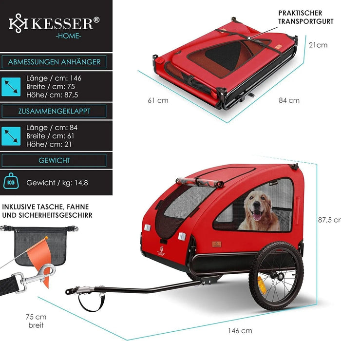 KESSER® reboque para bicicleta 2 em 1, para cães, grande aprox. 250 l de volume. Incl. Bandeira e saco, lona Oxford 600D, carga máxima: 45 kg - PetDoctors - Loja Online