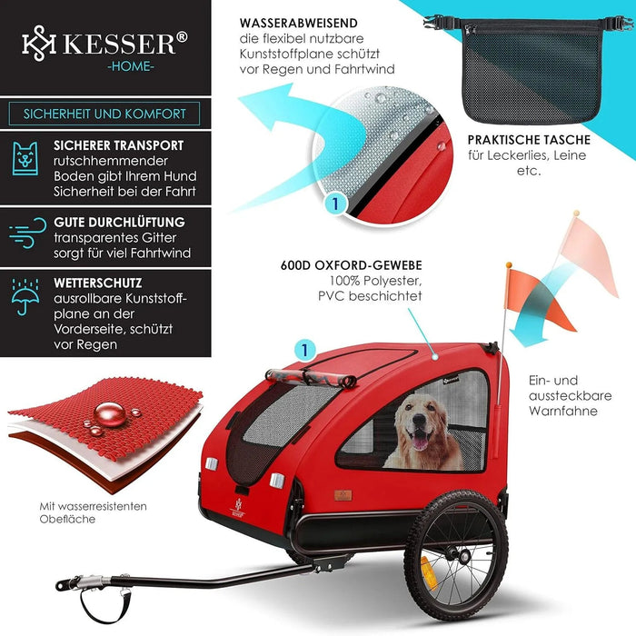 KESSER® reboque para bicicleta 2 em 1, para cães, grande aprox. 250 l de volume. Incl. Bandeira e saco, lona Oxford 600D, carga máxima: 45 kg - PetDoctors - Loja Online