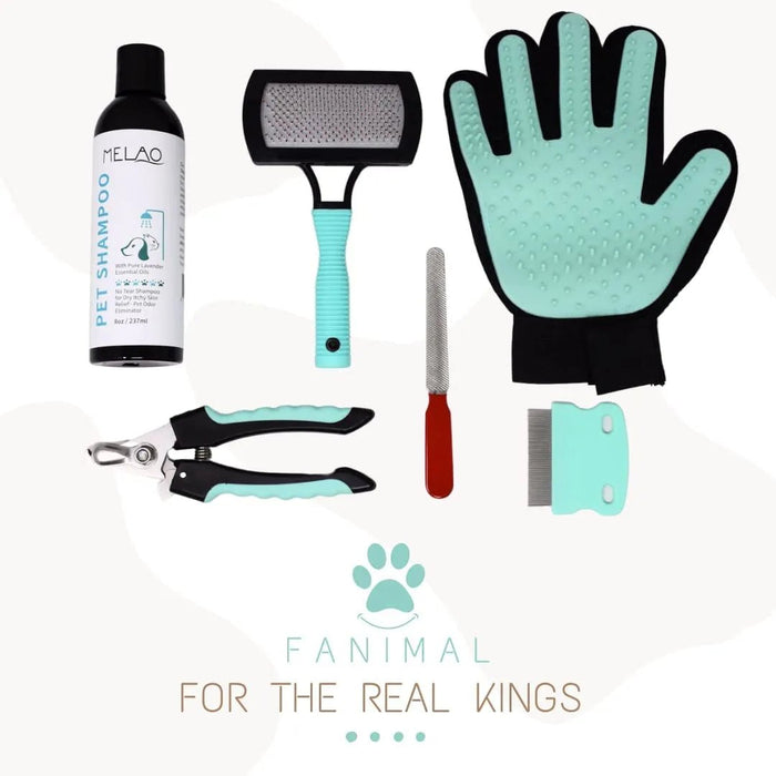 Kit 5 em 1 de limpeza para Cães e Gatos, com Champô, Luva, Escova de dupla face, Lima e Corta - unhas - PetDoctors - Loja Online