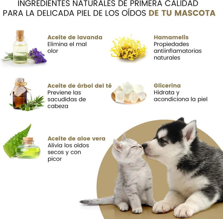 Limpador de ouvidos para cães e gatos (250 ml em gotas) - natural, com aloé vera e lavanda, sem álcool - PetDoctors - Loja Online