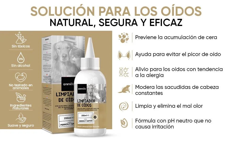 Limpador de ouvidos para cães e gatos (250 ml em gotas) - natural, com aloé vera e lavanda, sem álcool - PetDoctors - Loja Online
