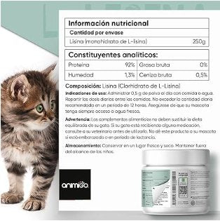 Lisina para gatos, em pó, com colher, para o sistema imunitário, defesas naturais e função respiratória - suplemento natural de minoácidos essenciais para todas as raças, sem glúten (250 gramas) - PetDoctors - Loja Online