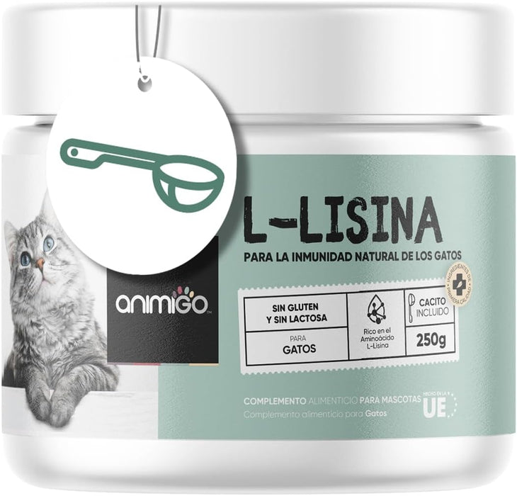 Lisina para gatos, em pó, com colher, para o sistema imunitário, defesas naturais e função respiratória - suplemento natural de minoácidos essenciais para todas as raças, sem glúten (250 gramas) - PetDoctors - Loja Online