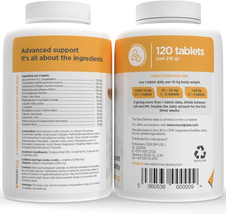 maxxiflex+ Suplemento avançado para as articulações do cão - glucosamina, condroitina, MSM, ácido hialurónico , garra do , bromelina, açafrão - PetDoctors - Loja Online