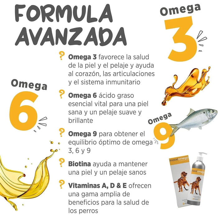 maxxiomega Suplemento em óleo para cães, com bomba de dosagem para fácil administração, ómega 3, 6, 9 e vitaminas A, D, E e biotina | para pele saudável e pêlo brilhante (296 ml) - PetDoctors - Loja Online