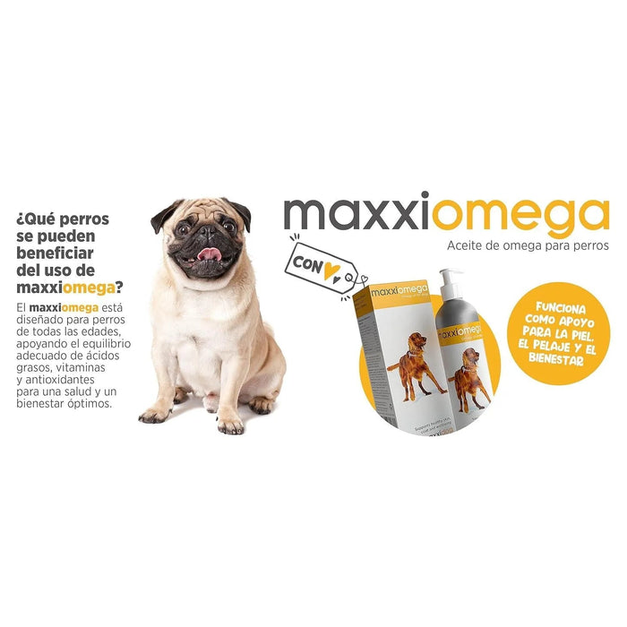 maxxiomega Suplemento em óleo para cães, com bomba de dosagem para fácil administração, ómega 3, 6, 9 e vitaminas A, D, E e biotina | para pele saudável e pêlo brilhante (296 ml) - PetDoctors - Loja Online