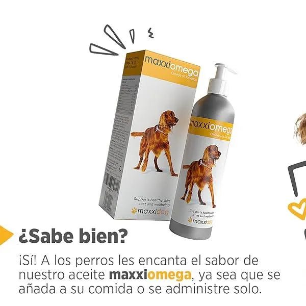 maxxiomega Suplemento em óleo para cães, com bomba de dosagem para fácil administração, ómega 3, 6, 9 e vitaminas A, D, E e biotina | para pele saudável e pêlo brilhante (296 ml) - PetDoctors - Loja Online