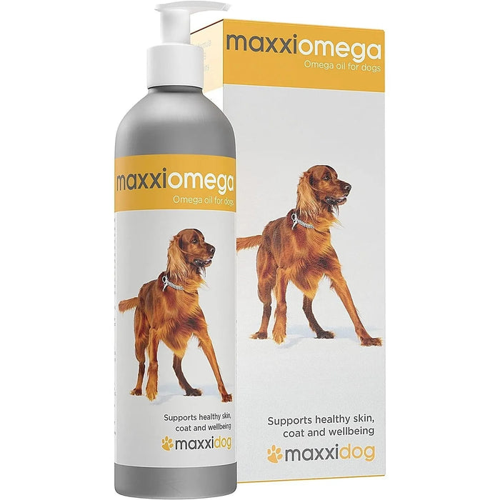 maxxiomega Suplemento em óleo para cães, com bomba de dosagem para fácil administração, ómega 3, 6, 9 e vitaminas A, D, E e biotina | para pele saudável e pêlo brilhante (296 ml) - PetDoctors - Loja Online
