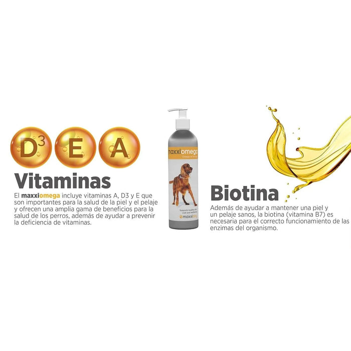 maxxiomega Suplemento em óleo para cães, com bomba de dosagem para fácil administração, ómega 3, 6, 9 e vitaminas A, D, E e biotina | para pele saudável e pêlo brilhante (296 ml) - PetDoctors - Loja Online