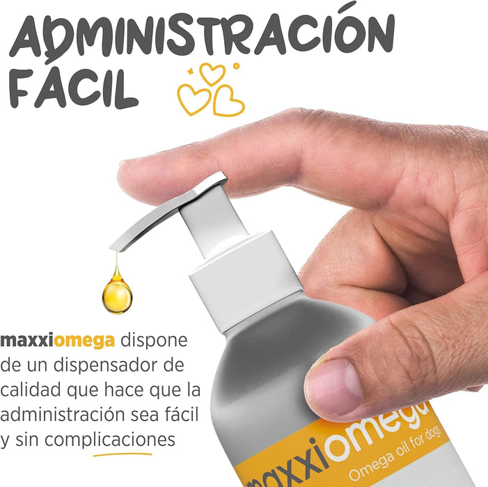 maxxiomega Suplemento em óleo para cães, com bomba de dosagem para fácil administração, ómega 3, 6, 9 e vitaminas A, D, E e biotina | para pele saudável e pêlo brilhante (296 ml) - PetDoctors - Loja Online