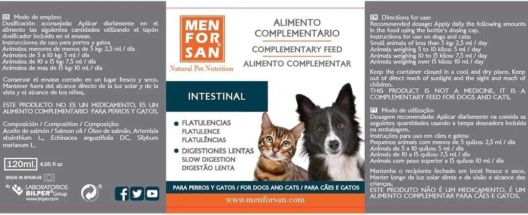 MENFORSAN INTESTINOS Alimento complementar líquido para cães e gatos com problemas intestinais | Melhora as digestões | Evita parasitas internos | 120 ml - PetDoctors - Loja Online