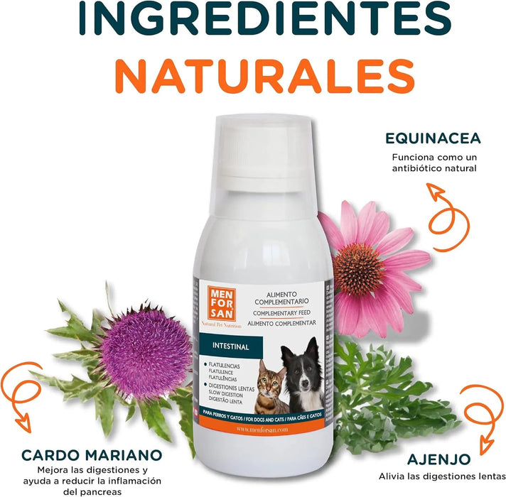 MENFORSAN INTESTINOS Alimento complementar líquido para cães e gatos com problemas intestinais | Melhora as digestões | Evita parasitas internos | 120 ml - PetDoctors - Loja Online
