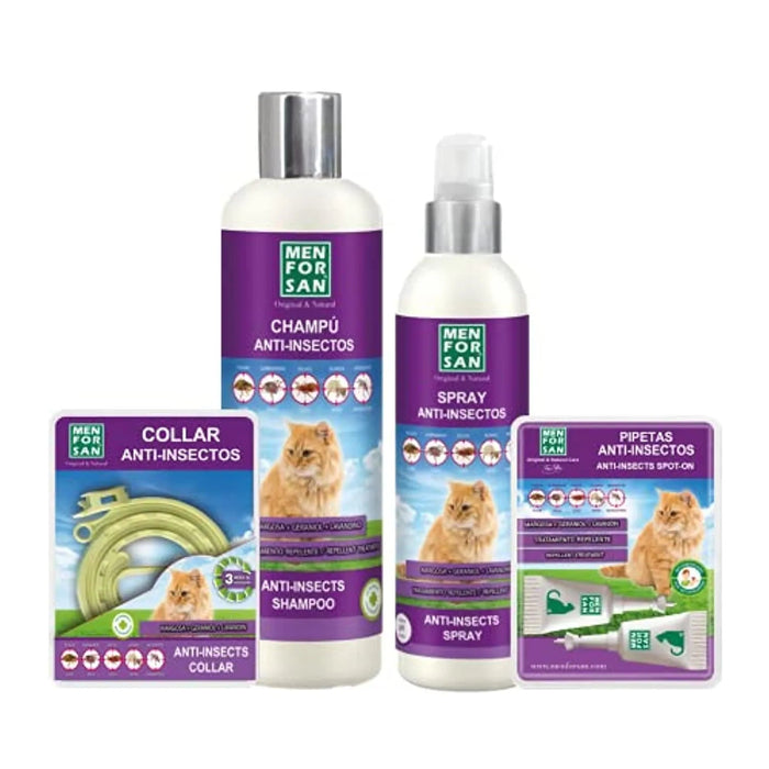 MENFORSAN Pack de 4 Produtos anti - parasitários para Gatos - 4 Produtos repelentes: Coleira, Champô, Spray e 2 Unidades de pipetas Anti Insectos - PetDoctors - Loja Online