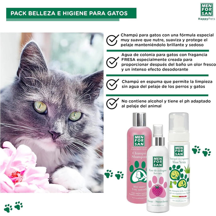 MENFORSAN Pack higiene e beleza para gatos menforsan, champô muito macio gatos 300 ml, colónia morango para gatos de 125 ml, champô em espuma para cães e gatos 200 ml, rico aroma a morangos - PetDoctors - Loja Online