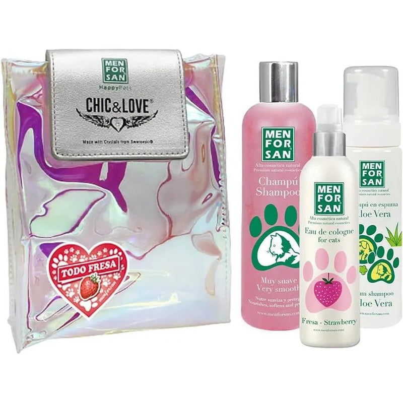 MENFORSAN Pack higiene e beleza para gatos menforsan, champô muito macio gatos 300 ml, colónia morango para gatos de 125 ml, champô em espuma para cães e gatos 200 ml, rico aroma a morangos - PetDoctors - Loja Online