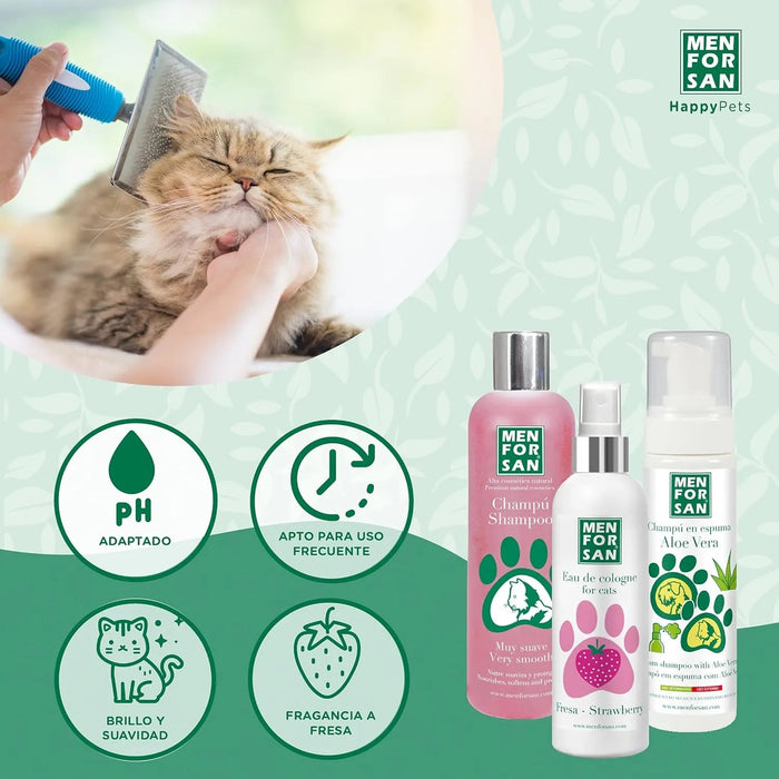 MENFORSAN Pack higiene e beleza para gatos menforsan, champô muito macio gatos 300 ml, colónia morango para gatos de 125 ml, champô em espuma para cães e gatos 200 ml, rico aroma a morangos - PetDoctors - Loja Online