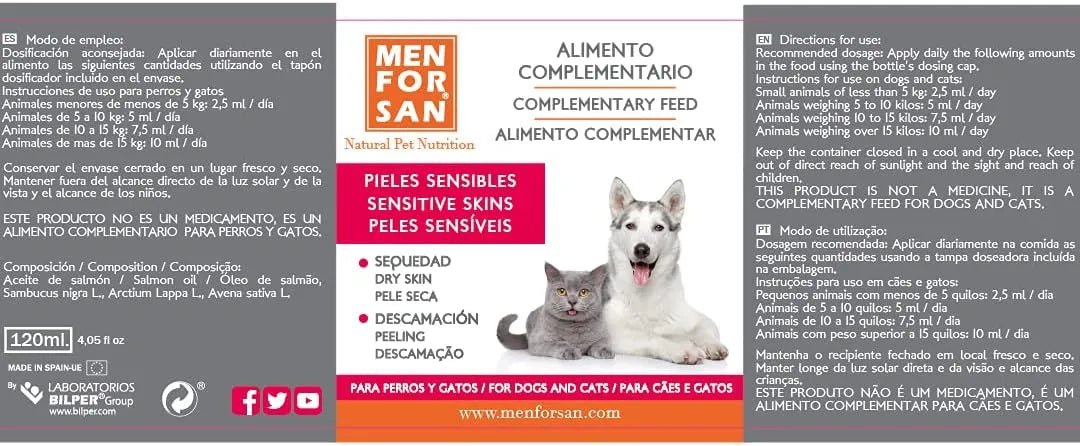 MENFORSAN PELE SENSÍVEL Alimento complementar líquido para cães e gatos com peles sensíveis | Ingredientes naturais | Para animais com pele atópica, vermelhidão ou excesso de gordura na pele (120 ml) - PetDoctors - Loja Online
