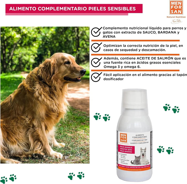 MENFORSAN PELE SENSÍVEL Alimento complementar líquido para cães e gatos com peles sensíveis | Ingredientes naturais | Para animais com pele atópica, vermelhidão ou excesso de gordura na pele (120 ml) - PetDoctors - Loja Online