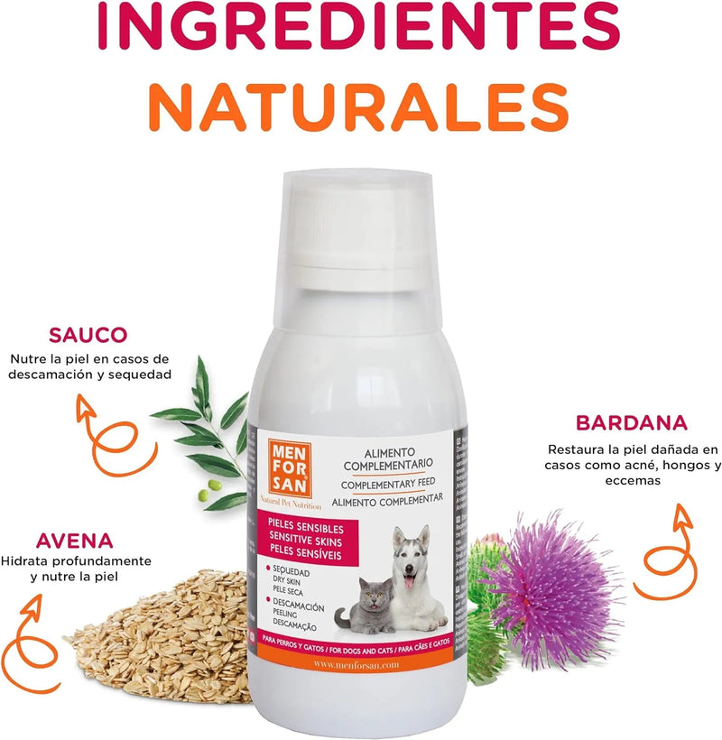 MENFORSAN PELE SENSÍVEL Alimento complementar líquido para cães e gatos com peles sensíveis | Ingredientes naturais | Para animais com pele atópica, vermelhidão ou excesso de gordura na pele (120 ml) - PetDoctors - Loja Online