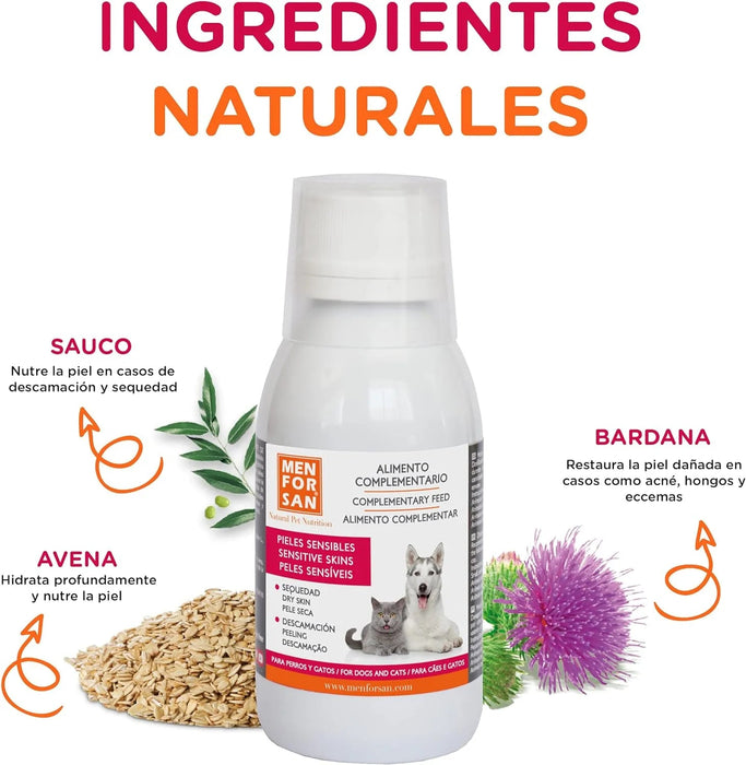 MENFORSAN PELE SENSÍVEL Alimento complementar líquido para cães e gatos com peles sensíveis | Ingredientes naturais | Para animais com pele atópica, vermelhidão ou excesso de gordura na pele (120 ml) - PetDoctors - Loja Online