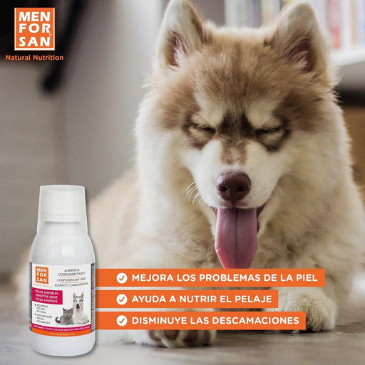 MENFORSAN PELE SENSÍVEL Alimento complementar líquido para cães e gatos com peles sensíveis | Ingredientes naturais | Para animais com pele atópica, vermelhidão ou excesso de gordura na pele (120 ml) - PetDoctors - Loja Online
