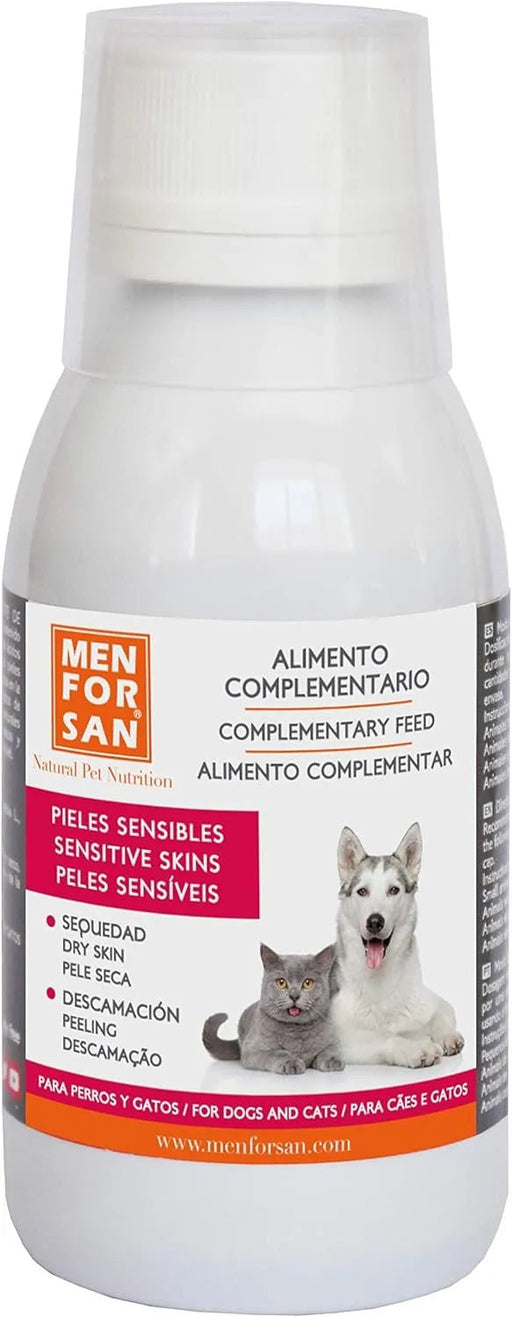 MENFORSAN PELE SENSÍVEL Alimento complementar líquido para cães e gatos com peles sensíveis | Ingredientes naturais | Para animais com pele atópica, vermelhidão ou excesso de gordura na pele (120 ml) - PetDoctors - Loja Online