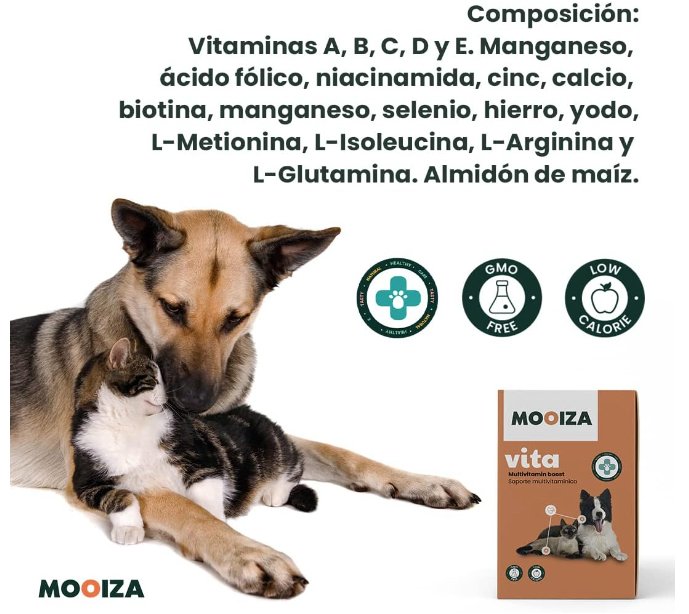 MOOIZA Vita - 21 multivitaminas e minerais para cães e gatos, aminoácidos, complexo vitamina B com vitamina A, C, D3 - zinco - iodo - cálcio - apoio imunitário - ossos - PetDoctors - Loja Online