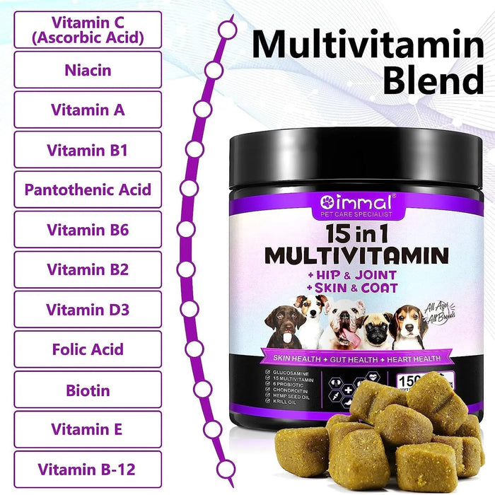 Multivitaminas Suplemento para Cães, 15 minerais e vitaminas para todos os cães 150 comprimidos, sabor de pato - PetDoctors - Loja Online