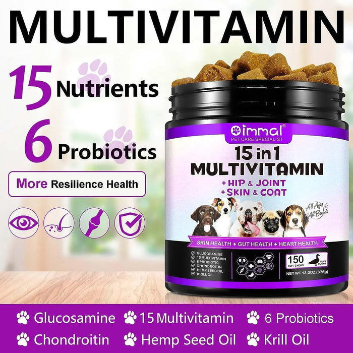 Multivitaminas Suplemento para Cães, 15 minerais e vitaminas para todos os cães 150 comprimidos, sabor de pato - PetDoctors - Loja Online