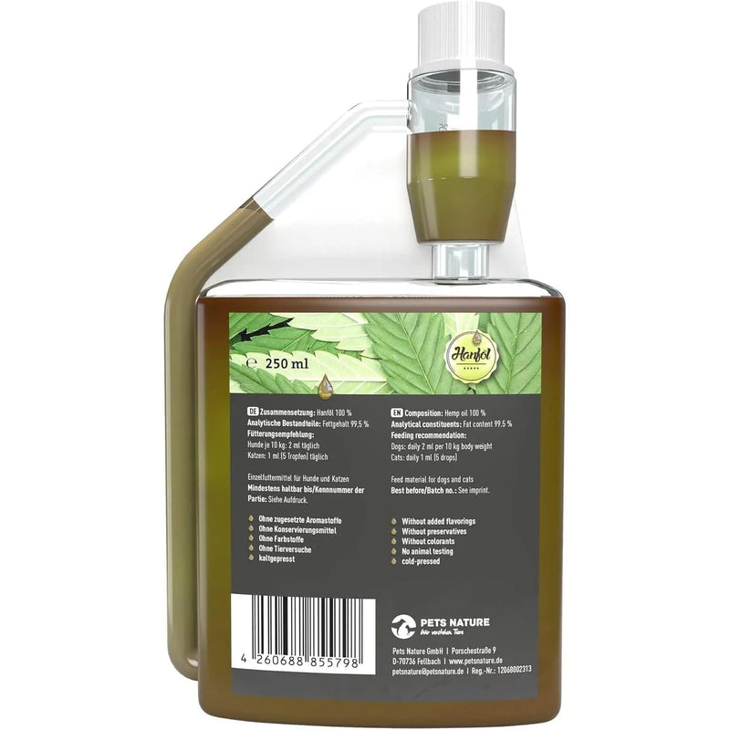 Óleo de Cânhamo Pets Nature Puro PREMIUM para cães e gatos - Óleo de cânhamo com ácidos gordos ómega - 3 e 6 - 100% natural, suave prensado a frio, fabricado na Alemanha (250 ml) - PetDoctors - Loja Online