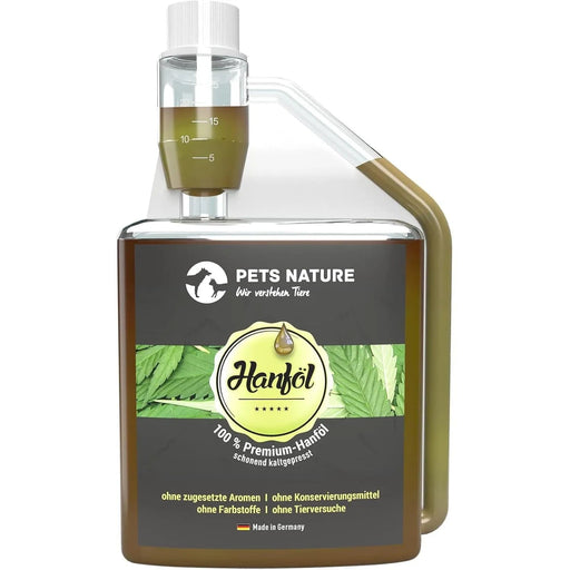 Óleo de Cânhamo Pets Nature Puro PREMIUM para cães e gatos - Óleo de cânhamo com ácidos gordos ómega - 3 e 6 - 100% natural, suave prensado a frio, fabricado na Alemanha (250 ml) - PetDoctors - Loja Online