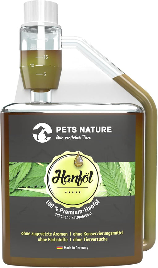 Óleo de Cânhamo Pets Nature Puro PREMIUM para cães e gatos - Óleo de cânhamo com ácidos gordos ómega - 3 e 6 - 100% natural, suave prensado a frio, fabricado na Alemanha (250 ml) - PetDoctors - Loja Online