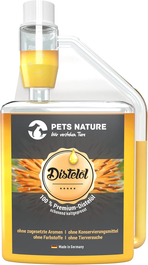 Óleo de cardo Puro PREMIUM para cães e gatos - rico em ácido gordo ómega - 6 Ácido linoleico - 100% natural, suave prensado a frio, fabricado na Alemanha (250 ml) - PetDoctors - Loja Online