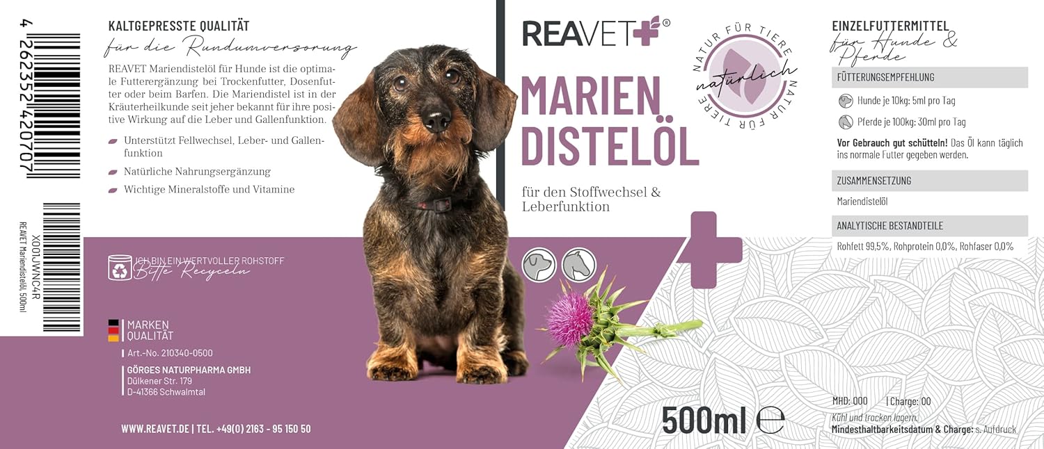 Óleo de cardo ReaVET para cães - Natural de Qualidade PREMIUM - Ajuda para vómitos, BARF I Rico em vitamina E, ómega - 6, ómega - 9 - PetDoctors - Loja Online