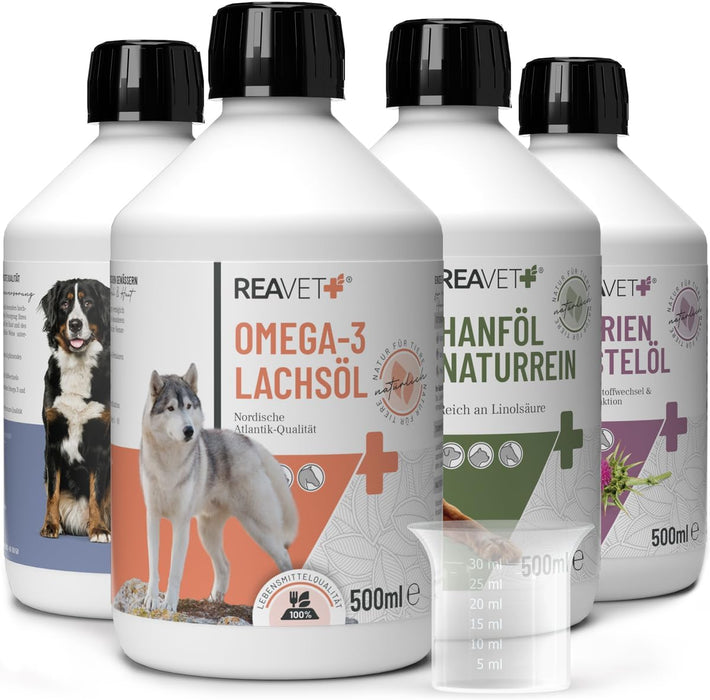 Óleo para ração ReaVET para cães, 4 variedades x 500 ml, óleo BARF para cães, óleo BARF de alta qualidade para cães, natural e apropriado para todas as raças - PetDoctors - Loja Online