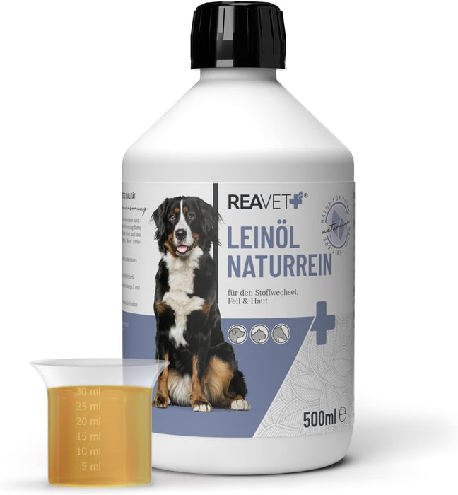 Óleo para ração ReaVET para cães, 4 variedades x 500 ml, óleo BARF para cães, óleo BARF de alta qualidade para cães, natural e apropriado para todas as raças - PetDoctors - Loja Online