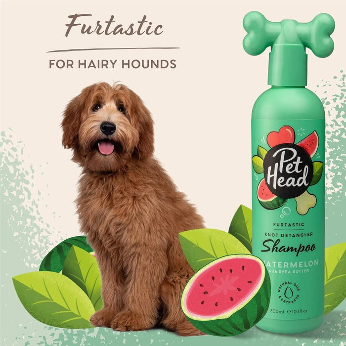 PET HEAD Furtastic Champô para cães de pelo longo e encaracolado 300 ml, aroma de melancia. Hidrata e desembaraçe o pêlo. Hipoalergénico com ingredientes naturais. Fórmula suave para cães e cachorros - PetDoctors - Loja Online