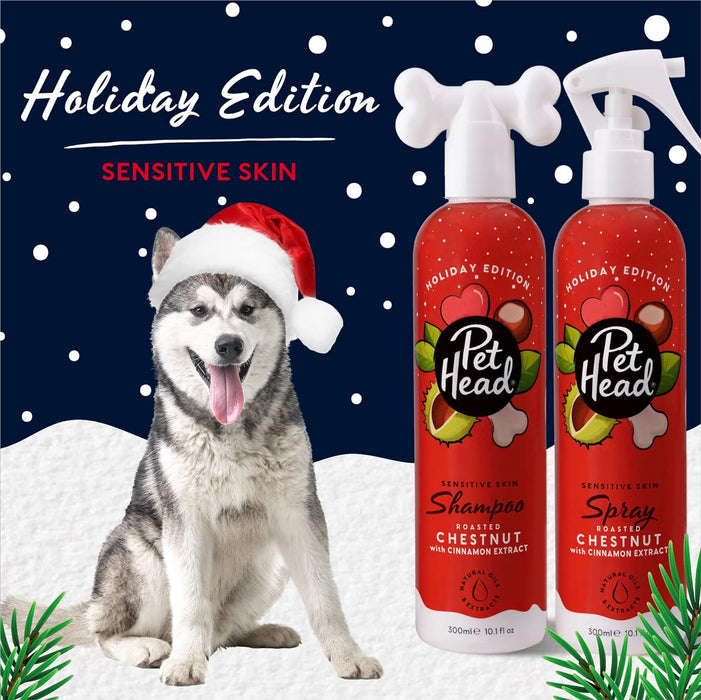 PET HEAD Holiday Edition Shampoo e spray de higiene para cães, cada 300 ml - castanhas com aroma a canela. Hipoalergénico com ingredientes naturais e veganos. Fórmula suave para cachorros - PetDoctors - Loja Online