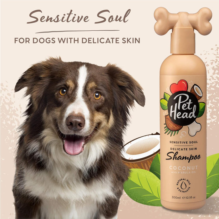 PET HEAD Sensitive Soul champô para cães com pele sensível 300 ml, aroma de côco. Shampoo para cães hipoalergénico e hidratante, ingredientes naturais e vegano. Adequado para cachorros e cães - PetDoctors - Loja Online