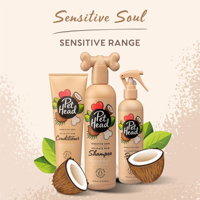 PET HEAD Sensitive Soul champô para cães com pele sensível 300 ml, aroma de côco. Shampoo para cães hipoalergénico e hidratante, ingredientes naturais e vegano. Adequado para cachorros e cães - PetDoctors - Loja Online