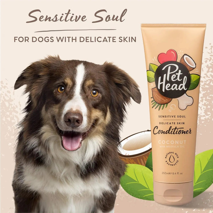 PET HEAD Sensitive Soul Condicionador para cães com pele sensível 250 ml, aroma de côco. Hipoalergénico, calmante e hidratante, ingredientes naturais e vegano. Adequado para cachorros e cães - PetDoctors - Loja Online