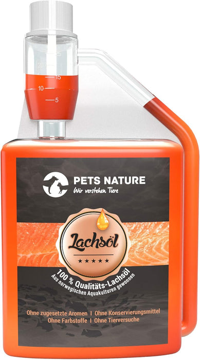 Pets Nature Óleo de salmão para cães e gatos - 250 ml de óleo de peixe Puro PREMIUM com ómega 3 e 6 para o seu cão ou gato - PetDoctors - Loja Online