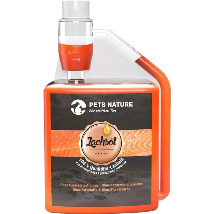 Pets Nature Óleo de salmão para cães e gatos - 250 ml de óleo de peixe Puro PREMIUM com ómega 3 e 6 para o seu cão ou gato - PetDoctors - Loja Online