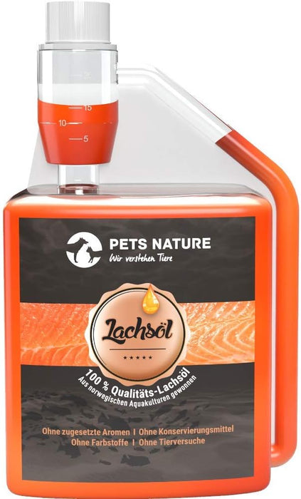 Pets Nature Óleo de salmão para cães e gatos - 250 ml de óleo de peixe Puro PREMIUM com ómega 3 e 6 para o seu cão ou gato - PetDoctors - Loja Online