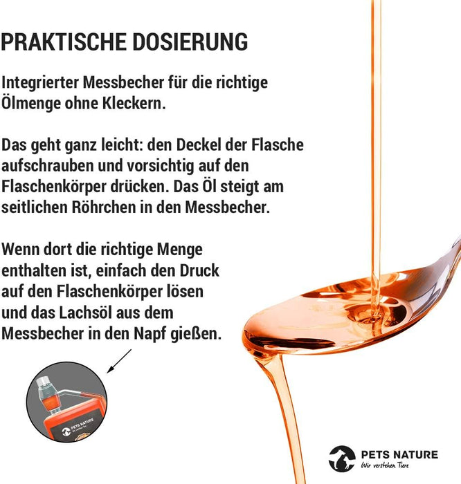 Pets Nature Óleo de salmão para cães e gatos - 250 ml de óleo de peixe Puro PREMIUM com ómega 3 e 6 para o seu cão ou gato - PetDoctors - Loja Online