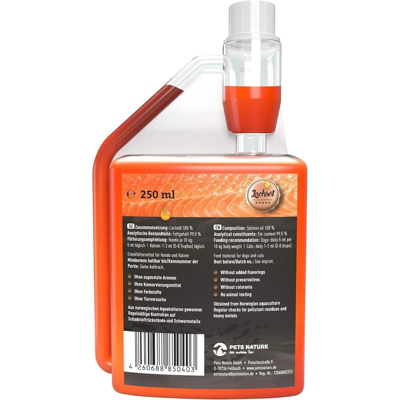 Pets Nature Óleo de salmão para cães e gatos - 250 ml de óleo de peixe Puro PREMIUM com ómega 3 e 6 para o seu cão ou gato - PetDoctors - Loja Online